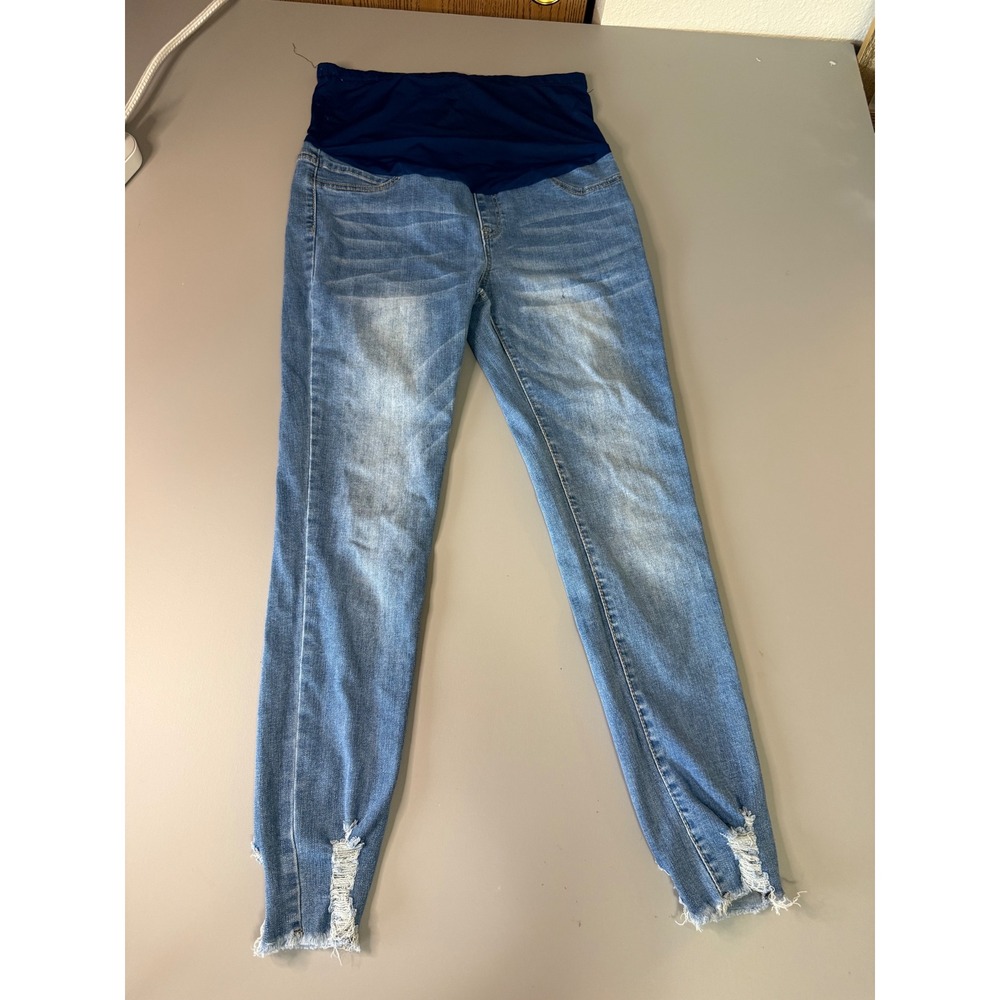 SHEIN Maternity Skinny Jeans Medium Wash Blue Distressed Raw Hem Size M US 6
